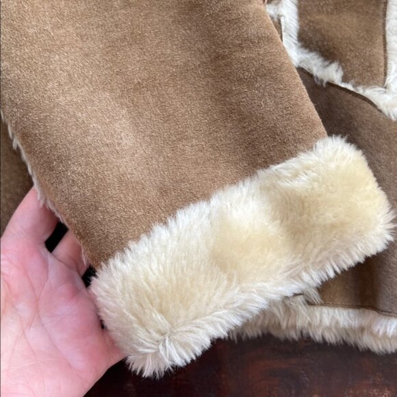WILSONS LEATHER Maxima Genuine Suede Faux Fur Trim Fitted Jacket Tan Large - Picture 4 of 13